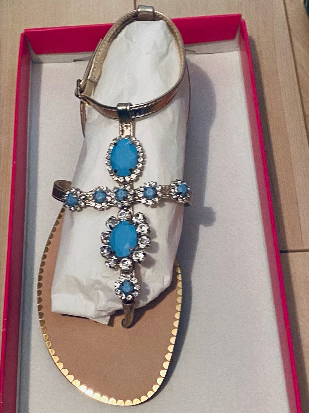 Lilly Pulitzer Gold Sandals with Blue Gem Embellishments BNWT